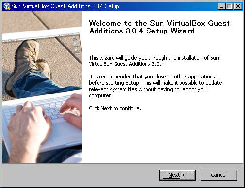 図5　仮想環境のWindows XPでVirtualBox Guest Additionsをインストールしている例