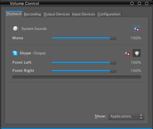 図9　PulseAudio Volume Controlの「Playback」タブ。音声を出力するソフトウェアのみ表示される