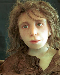 ネアンデルタール人の少女の復元模型。コンピュータによる復元をもとにシリコンキャストを作り塗装した