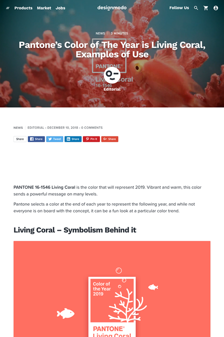 図5　Pantoneの選ぶ2019年の色・Living Coralの説明と使用例