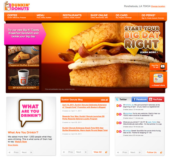図1　大幅にリニューアルされた、Dunkin' Donutsのウェブサイト
