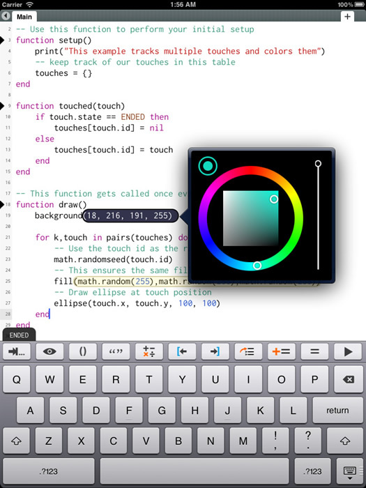 図2　「Codify」では、エディタ上のさまざまな操作が、iPadに最適化されている