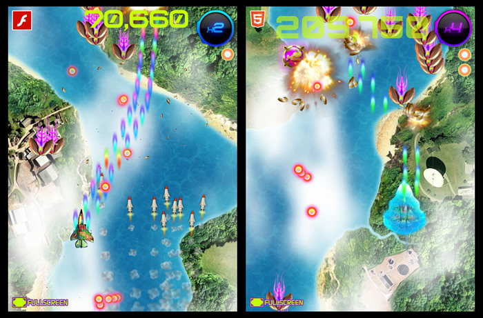 図4　「Play」では、開発技術の異なるシューティングゲームが実際に遊べる（左：Flash版、右：HTML5版）