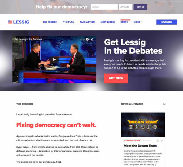 図4　アメリカ大統領選の民主党候補者に立候補したローレンス・レッシグ教授の選挙キャンペーンサイト『Larry Lessig for President 2016』