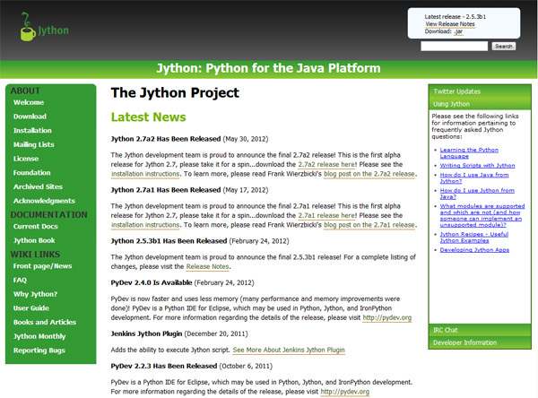 図3　生沼氏が注目しているという、PythonのJava実装である「Jython」のWebサイト