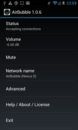 AirBubbleで、AirPlayを使っている様子（画面は、Nexus Sです）
