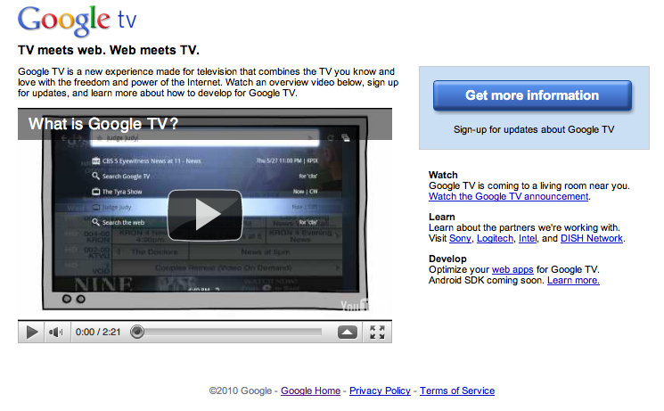Google TVのホームページ。情報はほとんど公開されてないので、これからに期待。