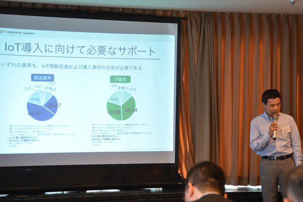 IoT関連事業の具体的な展開について説明するトレジャーデータ（株）代表取締役社長、三橋秀行氏。日本のユーザ企業向けに導入支援を強化していくという。