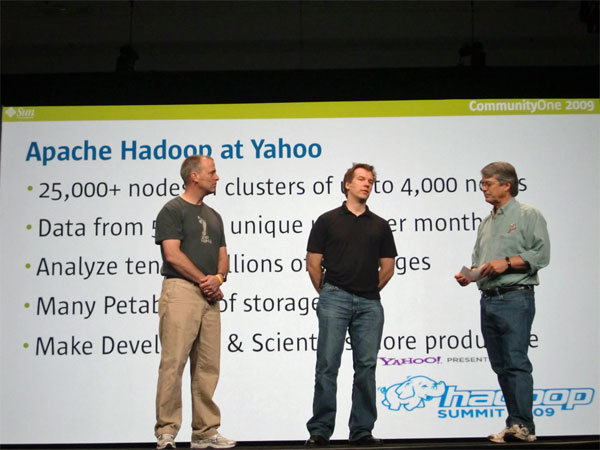 写真　Yahoo!でのHadoop利用例について説明するEric氏（中央）