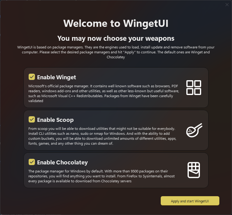 WingetUI 1.6.0のウェルカムウィンドウ