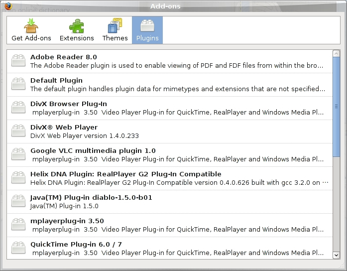 図4　プラグインも動作 - Adobe Reader 8.0、MPlayer Plugin、Totem、Java、Flashなど