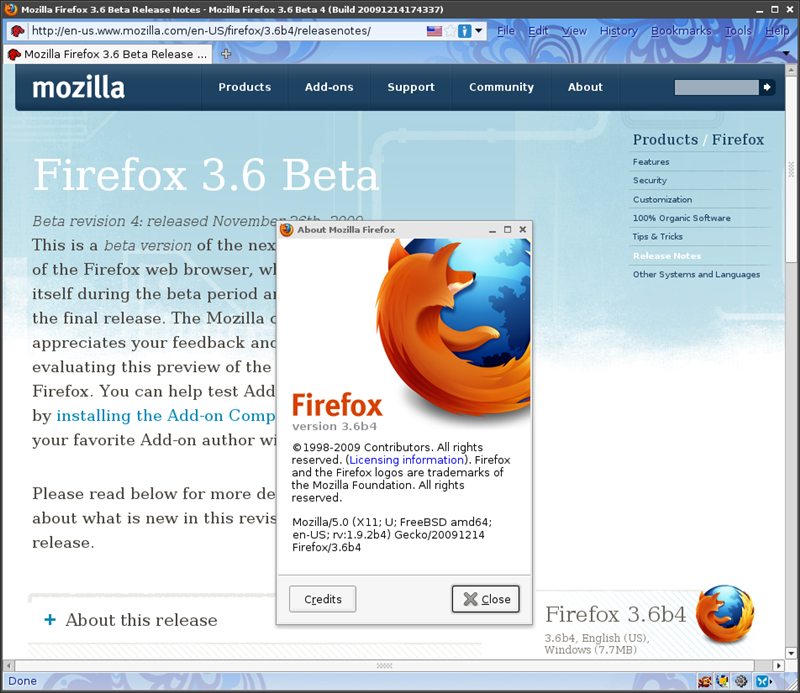 図1　Firefox 3.6 beta4 on FreeBSD 9-CURRENT