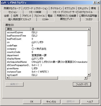 図2　Windows Server 2008 R2 [Active Directoryユーザーとコンピュータ]コンソールの属性エディター 画面