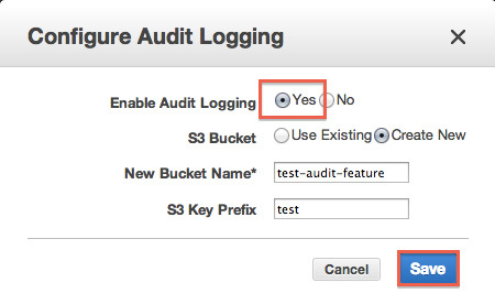 図2　「Enable Audit Logging」をチェックして「Save」で保存、監査ログ機能を有効に