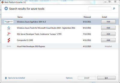 図6　「azure tools」で検索した結果。「Windows Azure Tools for Microsoft Visual Studio 2010」を追加します