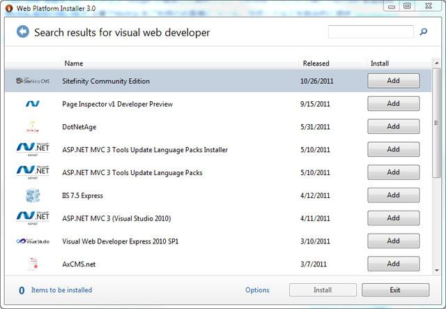 図3　Web PIで「Visual Web Developer Express」を検索した画面
