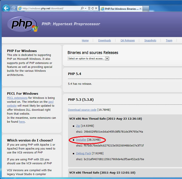 図9　「PHP for Windows」からPHP 5.3.8をインストールする