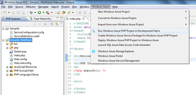 図9　メニューから「Run Windows Azure PHP Project in Development Fabric」を選択
