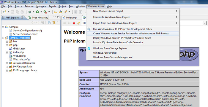図13　メニューから「Create Windows Azure Service Package for Windows Azure PHP Project」を選択