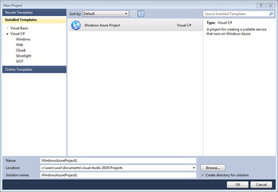 図1　Visual Web Developer 2010 Expressで，Windows Azure Projectを作成