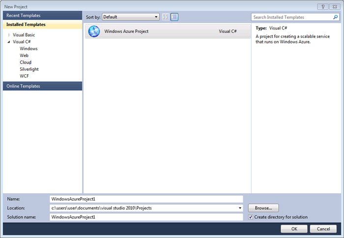 図1　Visual Web Developer 2010 Expressで、Windows Azure Projectを作成