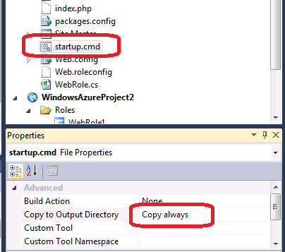 図6　startup.cmdをプロジェクトに追加し、Copy to Output Directoryプロパティを「Copy always」に