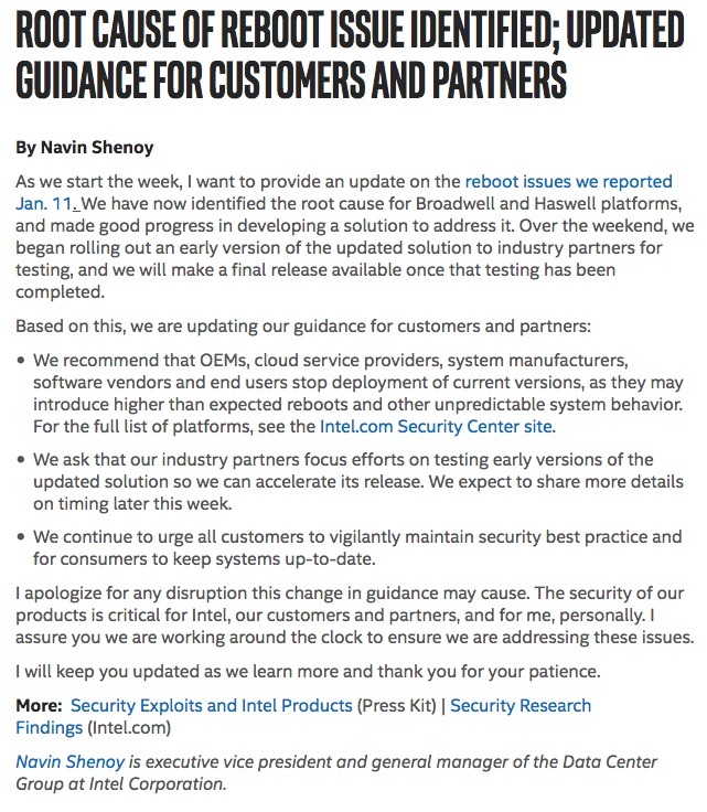 Root Cause of Reboot Issue Identified; Updated Guidance for Customers and Partners｜Intel