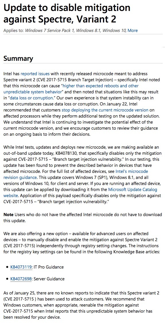 Update to disable mitigation against Spectre, Variant 2｜Microsoft