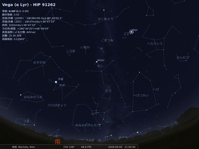 9月9日20時頃の東京の夜空。こと座のベガをはじめとする夏の大三角や木星が見える。