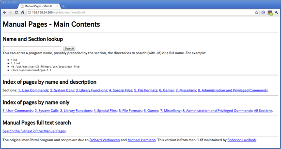 図3　man2htmlのメイン画面。検索ボックスにマニュアル名を入力する際には、manコマンド同様に章を指定しての検索も可能