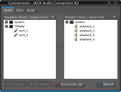 図4　JACK CONTROL (qjackctl) のConnectionウィンドウ。timidityがJACKサウンドサーバにポートを開いているのがわかる