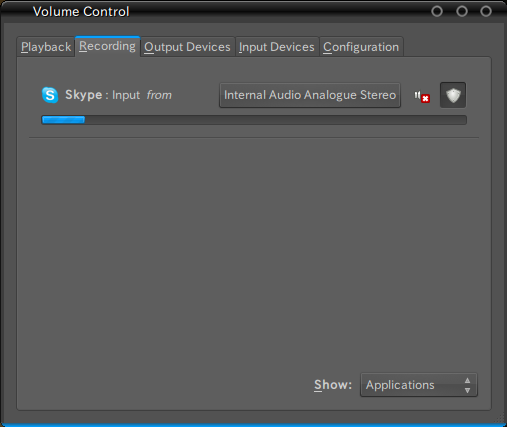 図8　PulseAudio Volume Controlの「Recording」タブ。音声の入力を扱うソフトウェアが表示される