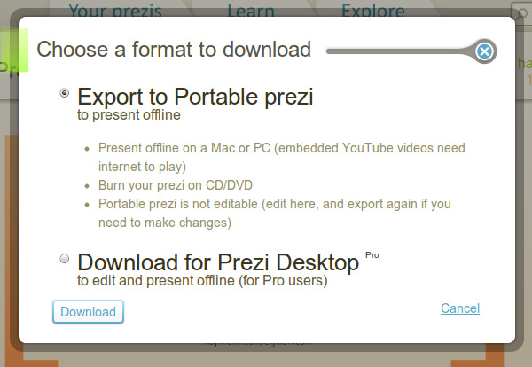 図7　ダウンロード形式はPrezi Desktopで編集するためのpezと、WindowsやMacでプレゼンを行うためのPortable prezi（後述）が選べる