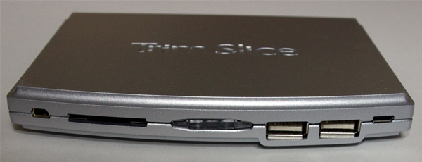 図4　Trim Sliceの前面ポート。左からRS-232C/UART、SDカードスロット、電源スイッチ兼LED、USB2.0 x2、microUSB