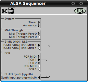 図6　alsa_seqでALSAシーケンサー機能を選択した場合、acconectguiなどでMIDIポートを自由に接続することができる。jackを選択した場合はPatchageなどのソフトウェアでポート接続ができるが、ALSAシーケンサー機能を利用する方が便利