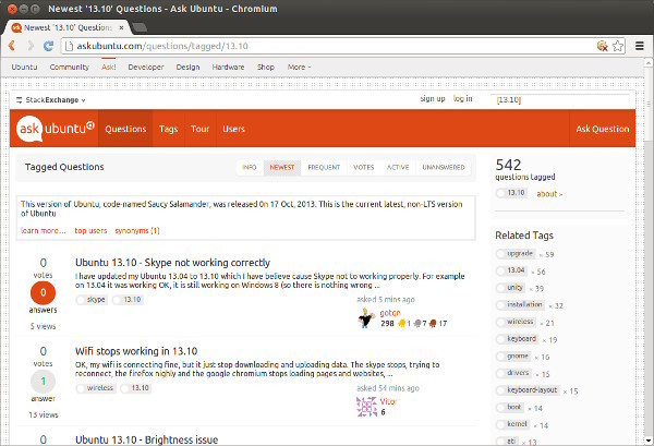 図4　AskUbuntuを「13.10」タグで検索することでも、新しいリリースの情報が手に入る