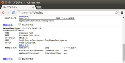 図3　Chromiumは「chrome://plugins/」にアクセスすることでプラグイン情報を確認できる