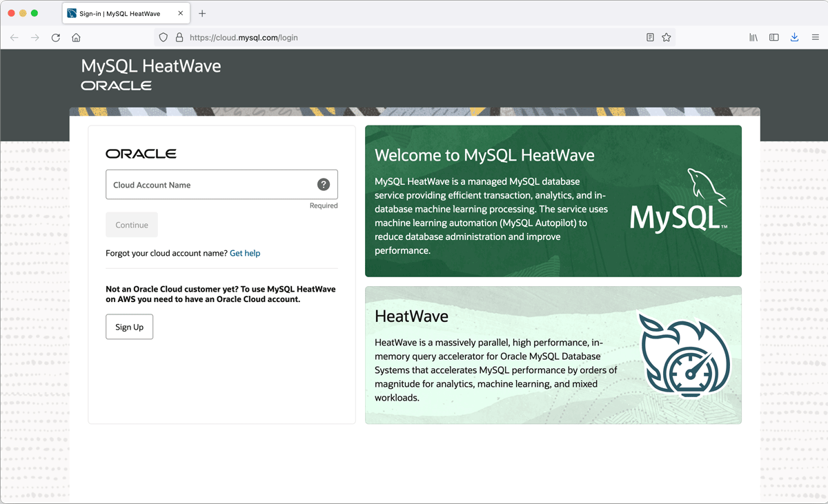 MySQL HeatWave on AWSのコンソールへのログイン画面