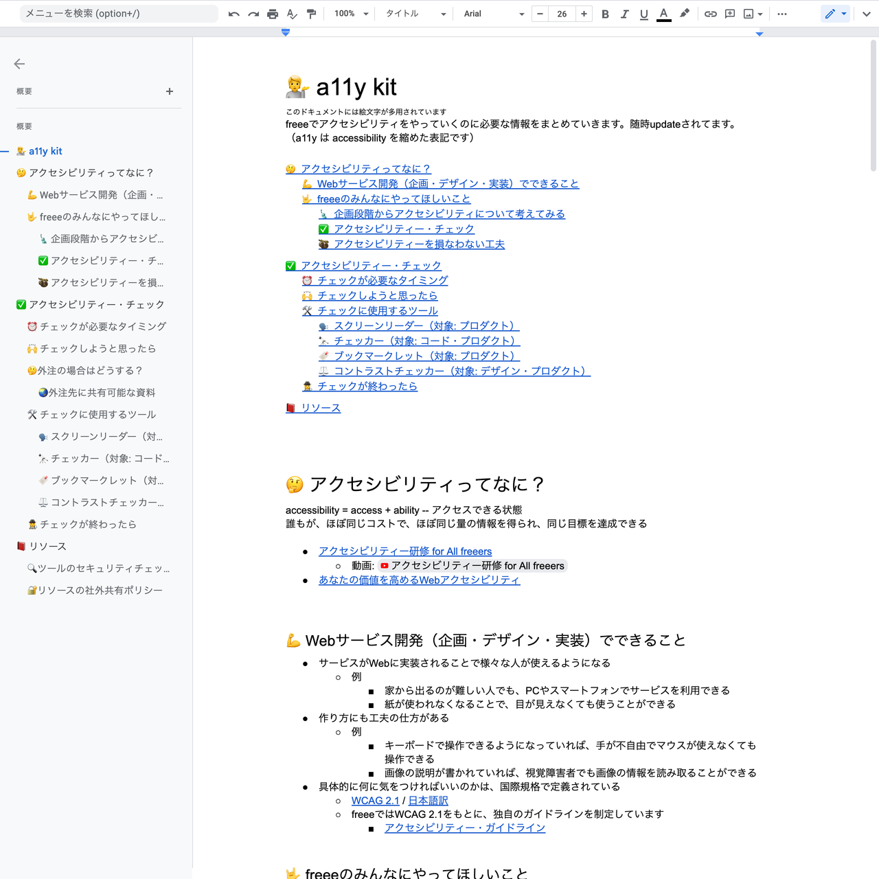 図2 スクリーンショット：A11y Kit。「アクセシビリティってなに？」といった基礎から、「Webサービス開発でできること」「freeeのみんなにやってほしいこと」といった手引き、アクセシビリティーチェックの実施タイミングや方法などを解説している。