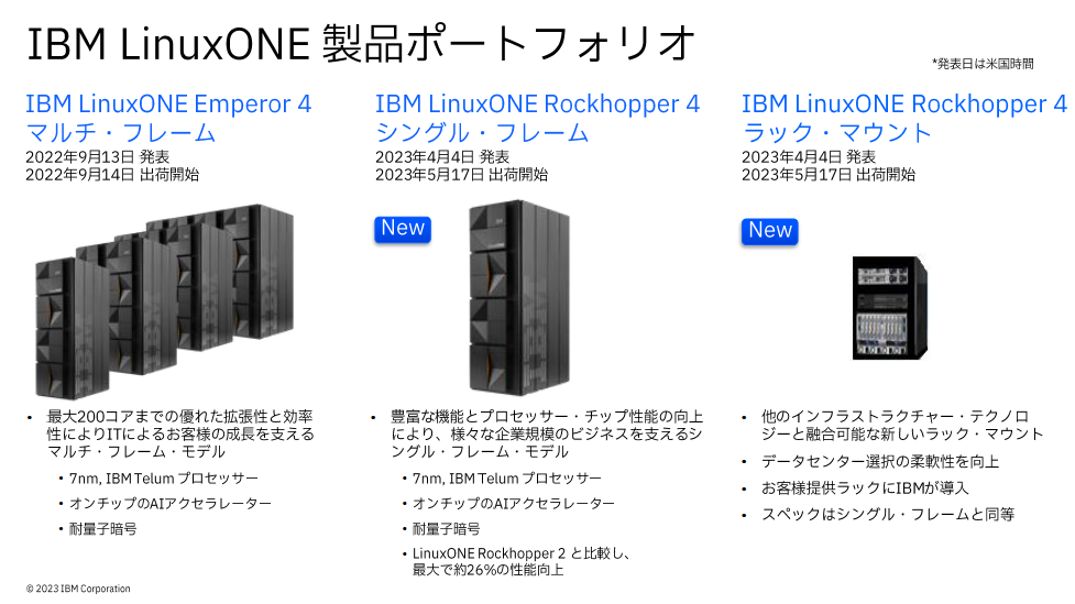 IBM LinuxONEの最新ポートフォリオ。今回発表されたのはミッドレンジ版に相当する「IBM LinuxONE Rockhopper 4」のシングルフレームとラックマウントのモデル。すでにリリース済みの最大200コアまで搭載可能な「IBM LinuxONE Emperor 4」はマルチフレーム（ハイエンド版）という位置づけに