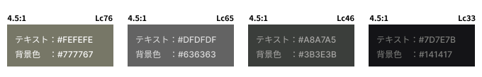 テキストと背景色の配色が#FEFEFEと#777767（Lc76）、#DFDFDFと#636363（Lc65）、#A8A7A5と#3B3E3B（Lc46）、#7D7E7Bと#141417（Lc33）のものを示している。LcはAPACでのコントラスト値で、詳しくは次回説明する。