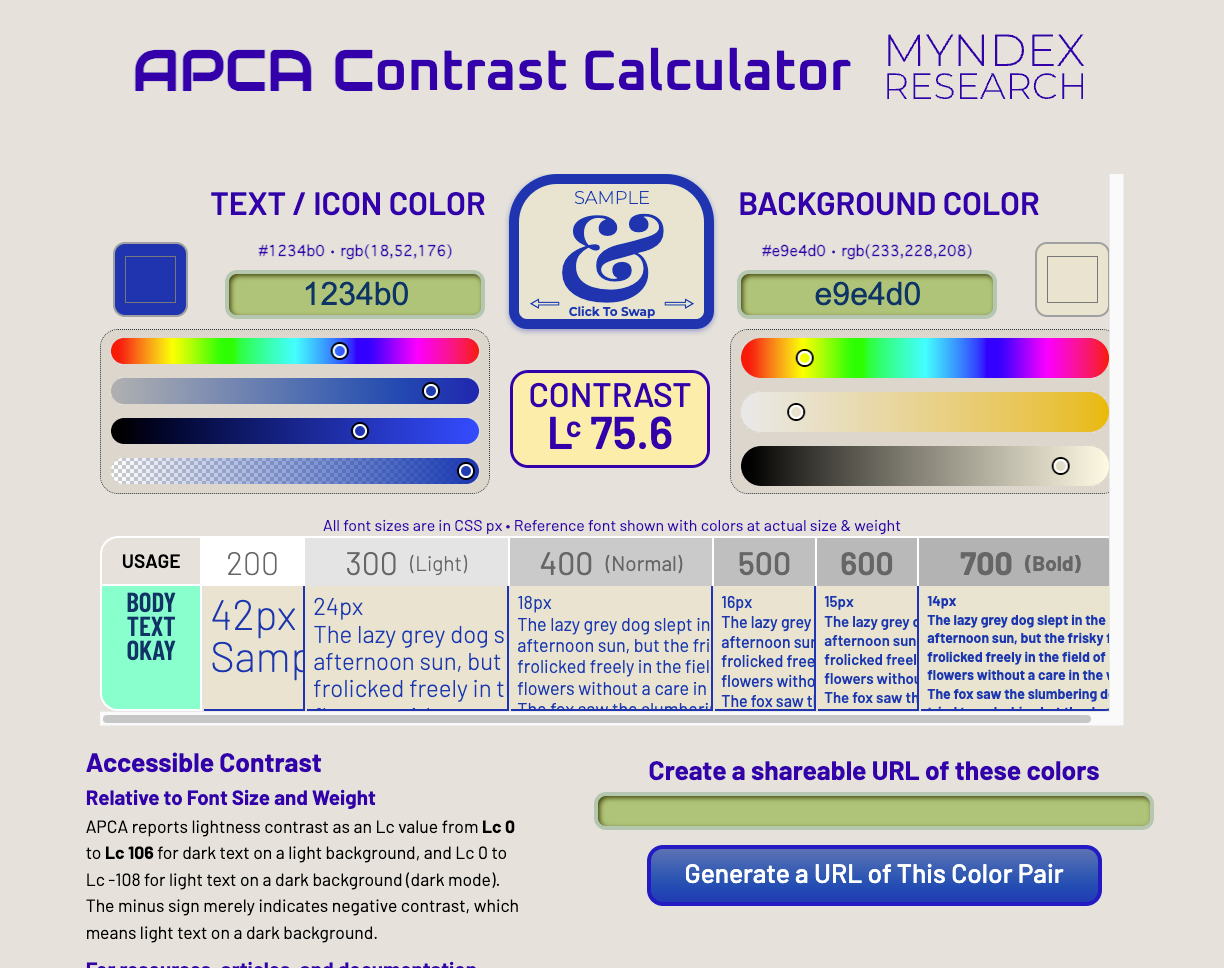 テキストの色と背景色をそれぞれ指定することで、Lcの値やフォントのウェイトごとのサイズ適正値を示してくれるサイト。