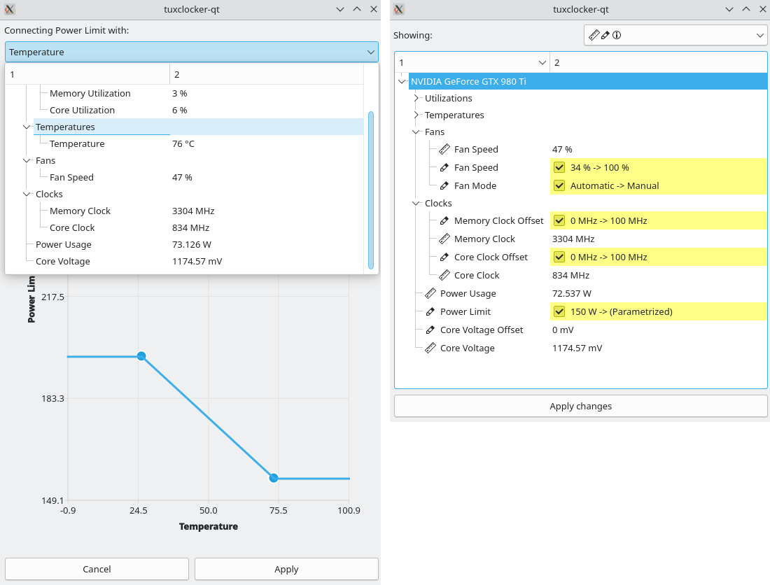 TuxClockerのパラメータエディタ（左）とステータス変更画面（右）