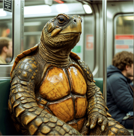 ニューヨーク市地下鉄のシートに座っている擬人化されたカメのポートレート写真