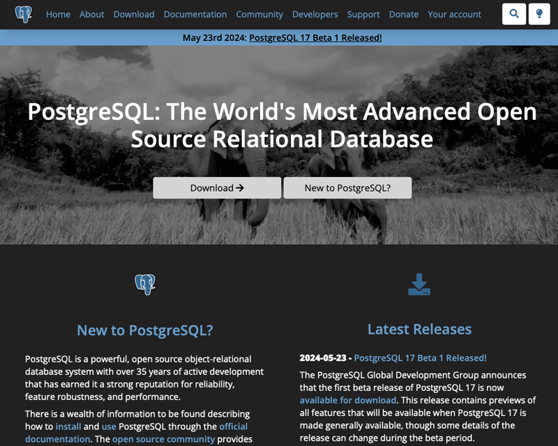 PostgreSQL Global Development Groupのトップページでのバージョン17ベータ1リリースのお知らせ