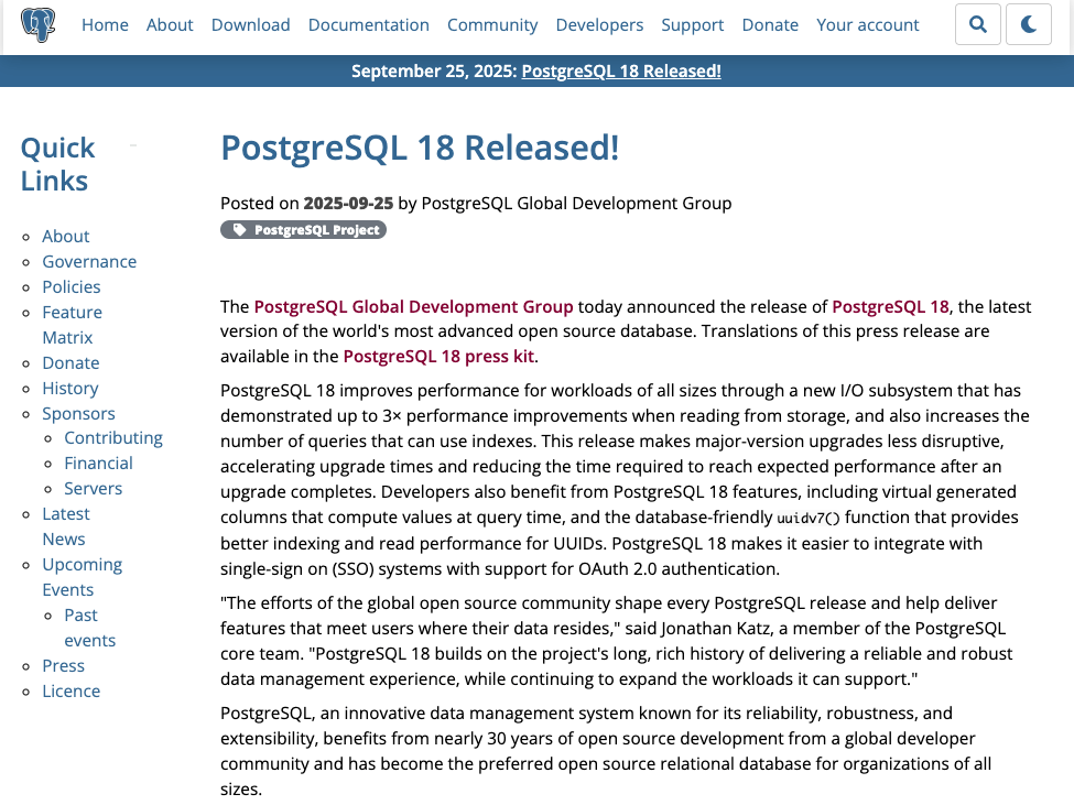 The PostgreSQL Global Development GroupによるPostgreSQLバージョン18リリースのお知らせ