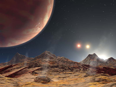 異形の惑星　2005年7月，ハワイのケック望遠鏡によって発見された系外惑星HD188753Abの想像図。このように3重連星系にも惑星が発見されている。そこで見られる光景は私たちの知る光景とはずいぶん違うだろう。（『宇宙は地球であふれている』より。提供：NASA/JPL-Caltech.）