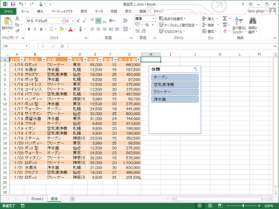 スライサー：Excel 2010ではピボットテーブルに使用できたスライサーが，テーブルのデータに対しても利用できる