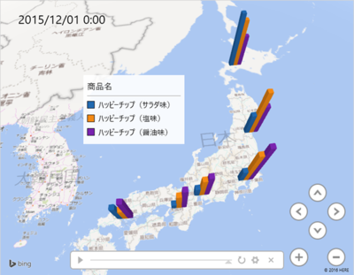 図3　「挿入」タブの「3Dマップ」ボタンを利用すると，売上履歴などから過去から現在までのデータの動きを動画で再生できる