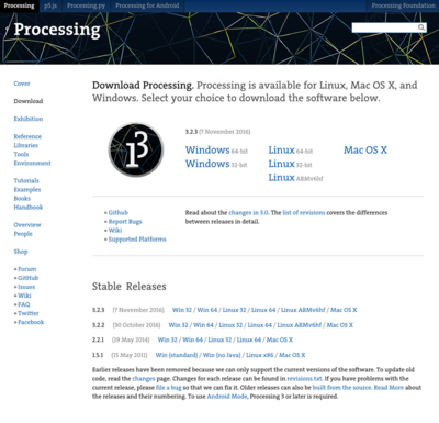図1　ProcessingのWebサイト。Windows版，Linux版，Mac版がそれぞれダウンロードできる